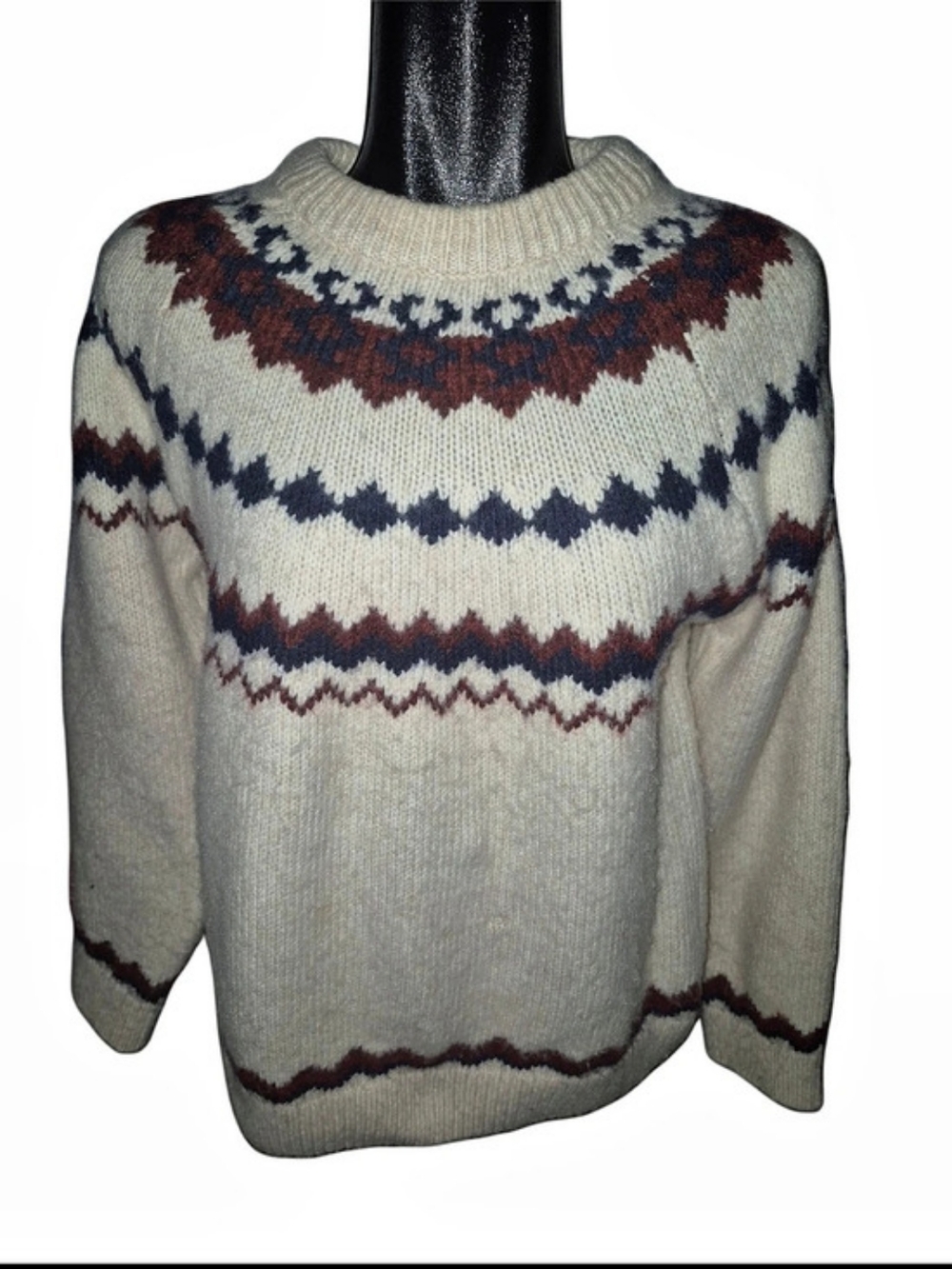 Joe Fresh Cream Fair Isle Knit Crewneck Elbow Patch Sweater Size Large